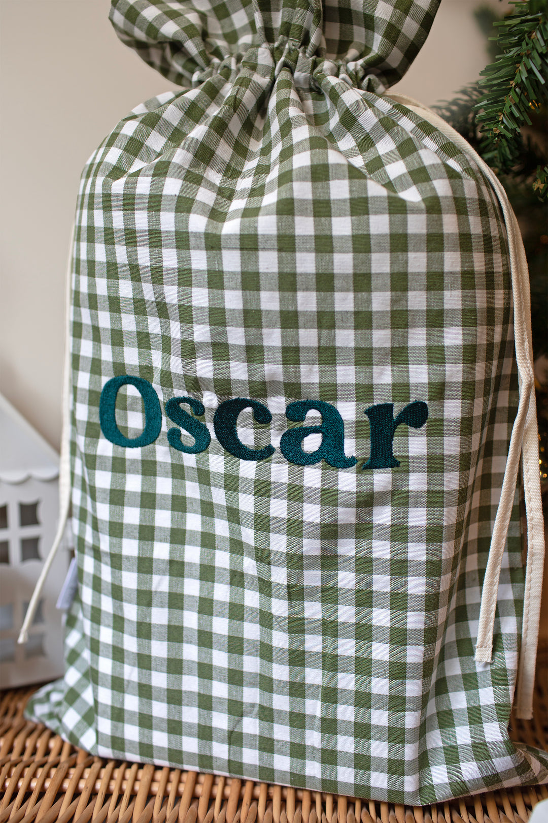 Mabel & Fox - Personalised Green Gingham Mini Gift Sack - Embroidered