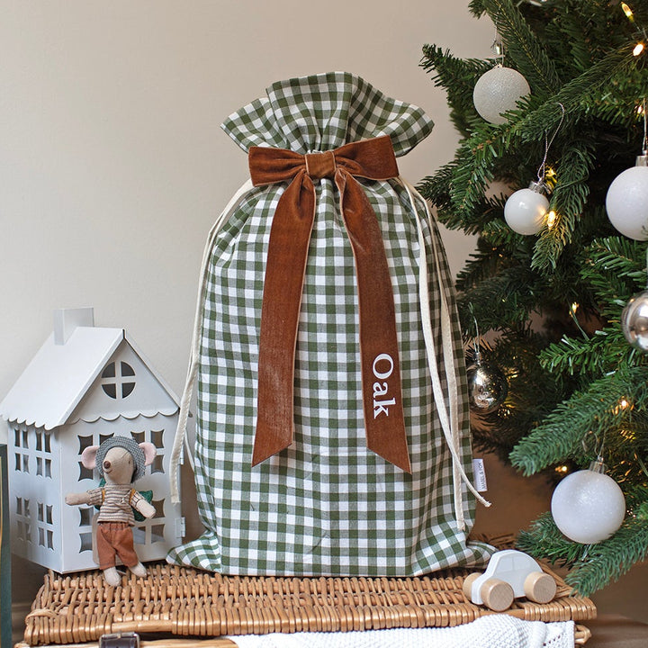Mabel & Fox - Personalised Green Gingham Mini Gift Sack - Velvet Bow