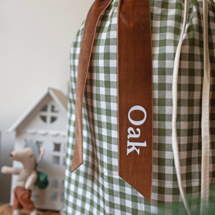 Mabel & Fox - Personalised Green Gingham Mini Gift Sack - Velvet Bow