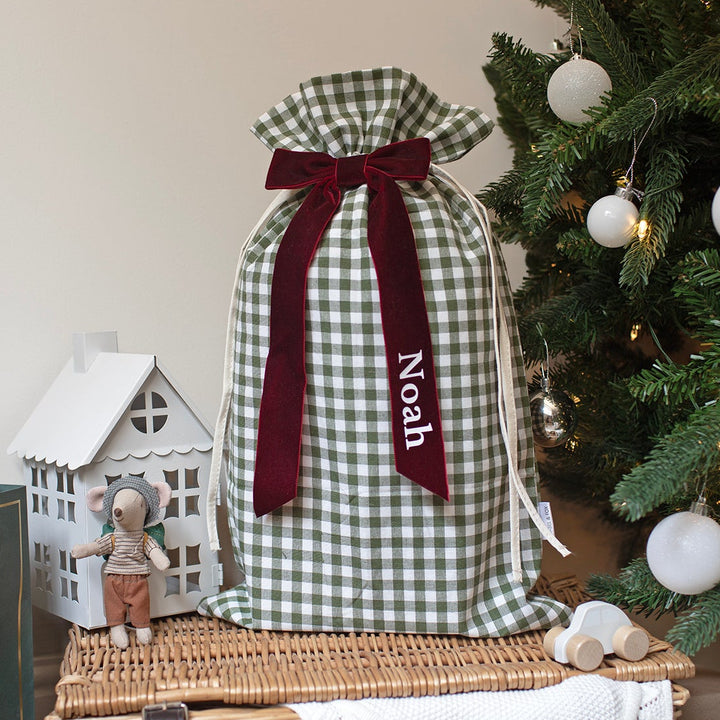 Mabel & Fox - Personalised Green Gingham Mini Gift Sack - Velvet Bow
