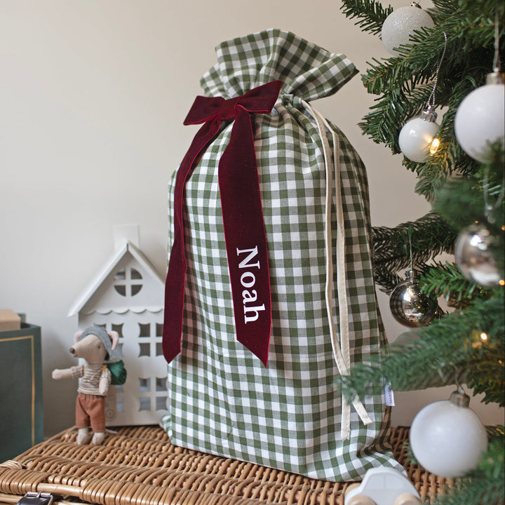 Mabel & Fox - Personalised Green Gingham Mini Gift Sack - Velvet Bow