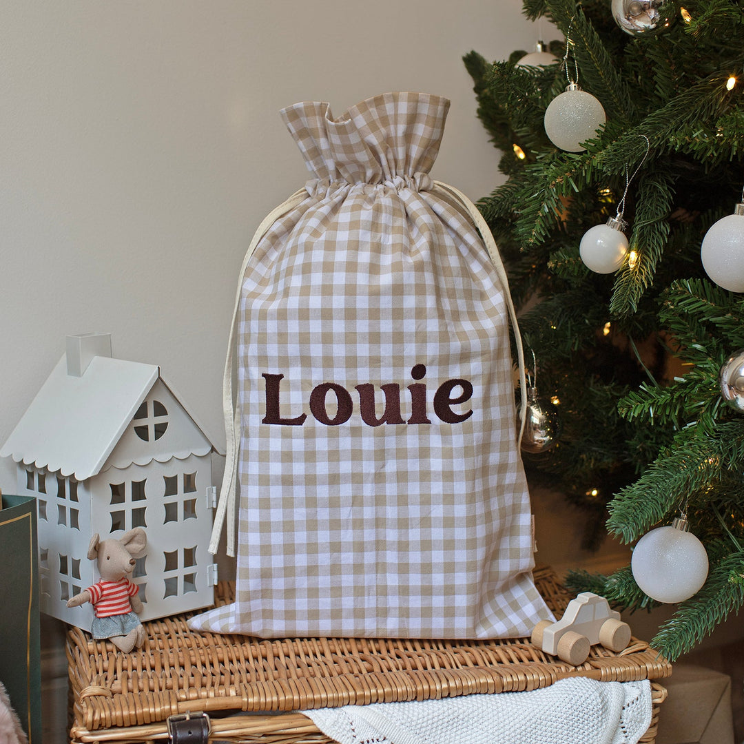 Mabel & Fox - Personalised Beige Gingham Mini Gift Sack - Embroidered