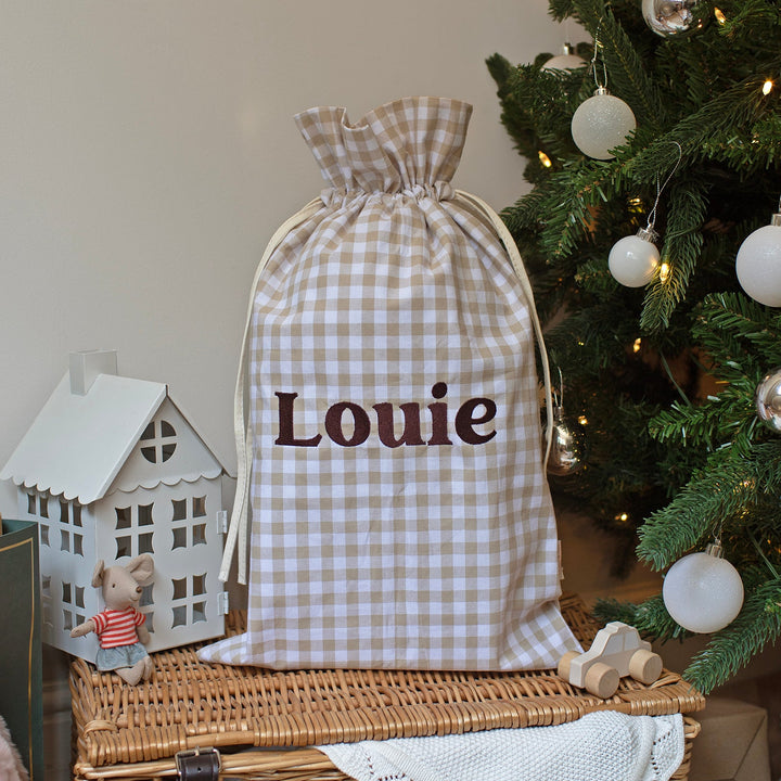 Mabel & Fox - Personalised Beige Gingham Mini Gift Sack - Embroidered