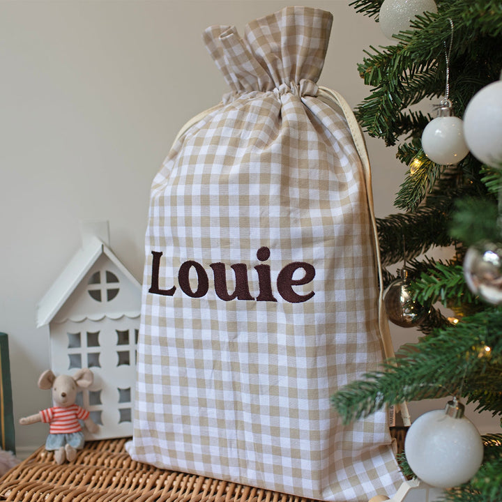 Mabel & Fox - Personalised Beige Gingham Mini Gift Sack - Embroidered