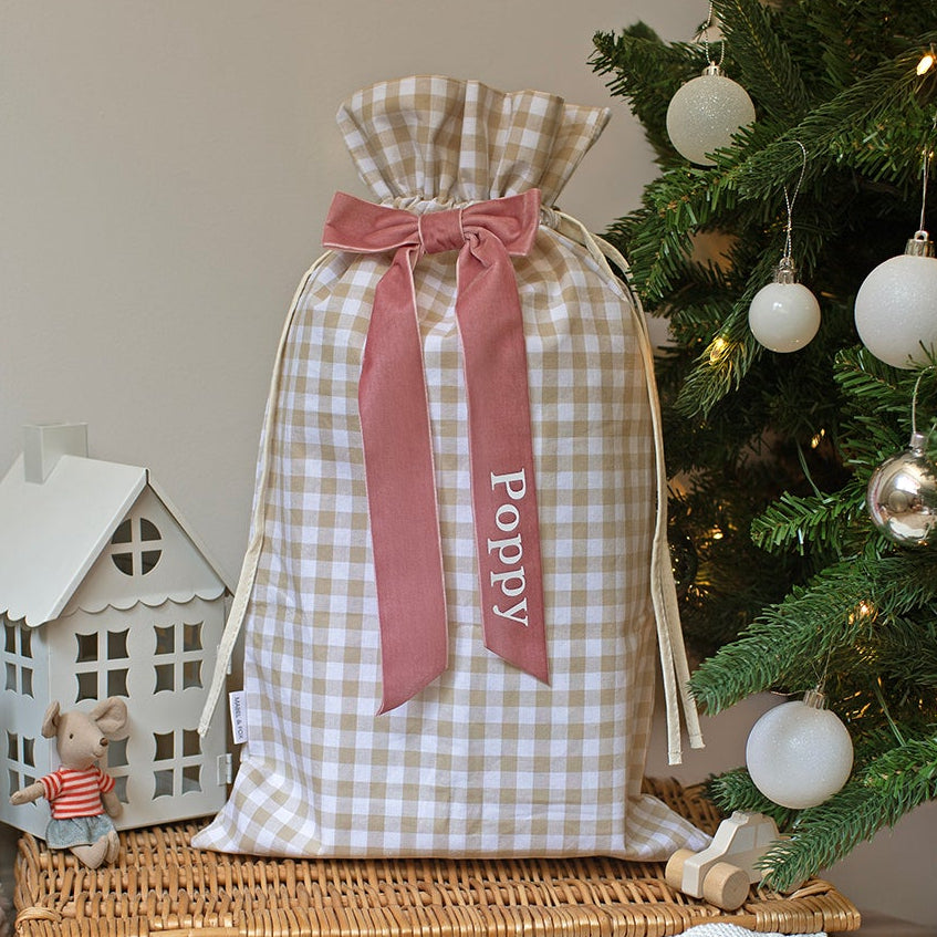 Mabel & Fox - Personalised Beige Gingham Mini Gift Sack - Velvet Bow