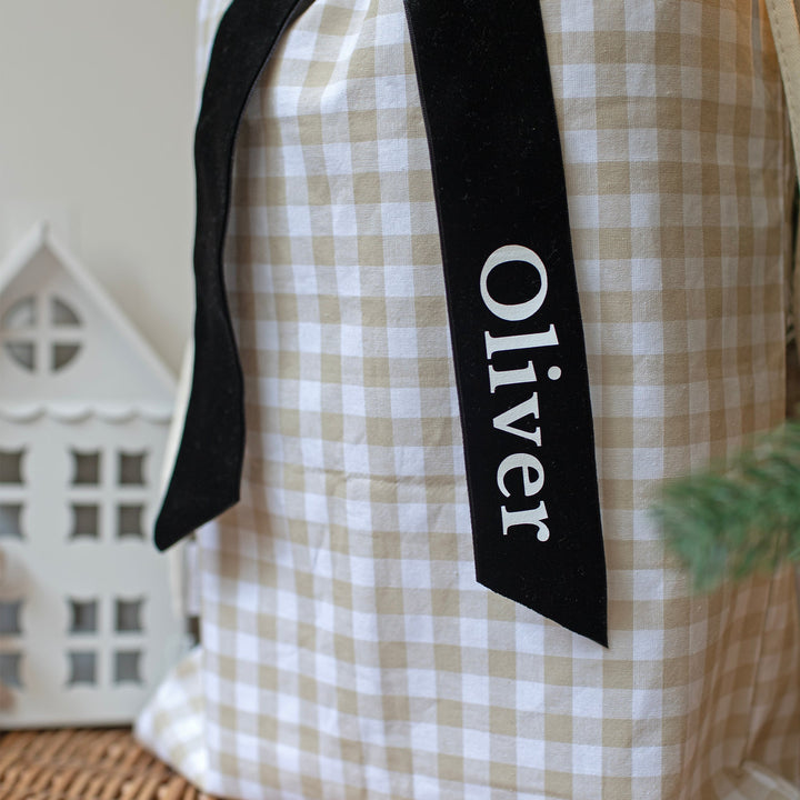 Mabel & Fox - Personalised Beige Gingham Mini Gift Sack - Velvet Bow