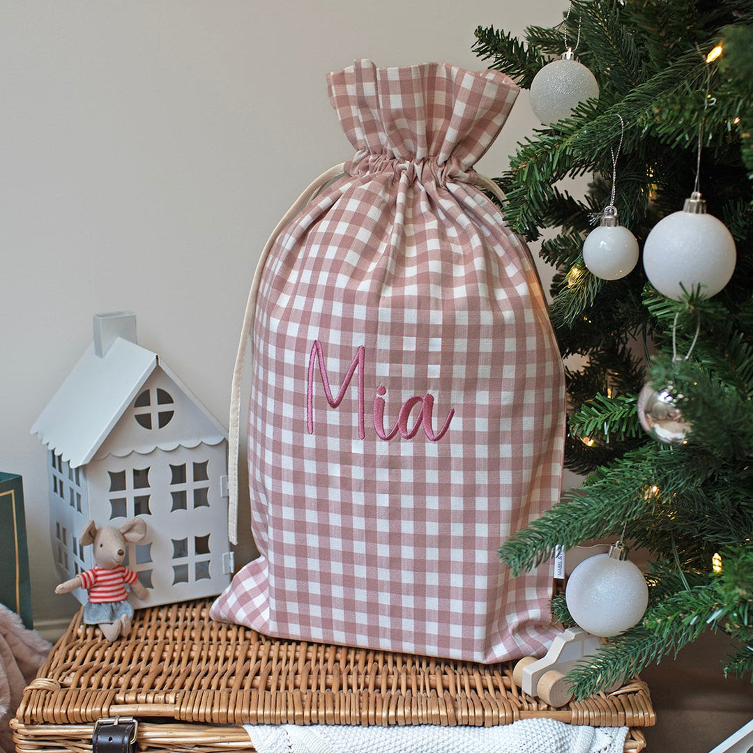 Mabel & Fox - Personalised Pink Gingham Mini Gift Sack - Embroidered
