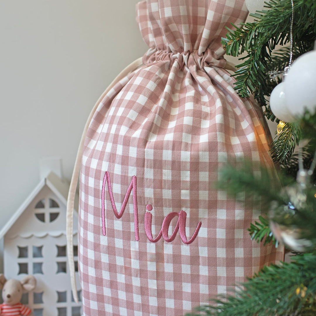 Mabel & Fox - Personalised Pink Gingham Mini Gift Sack - Embroidered
