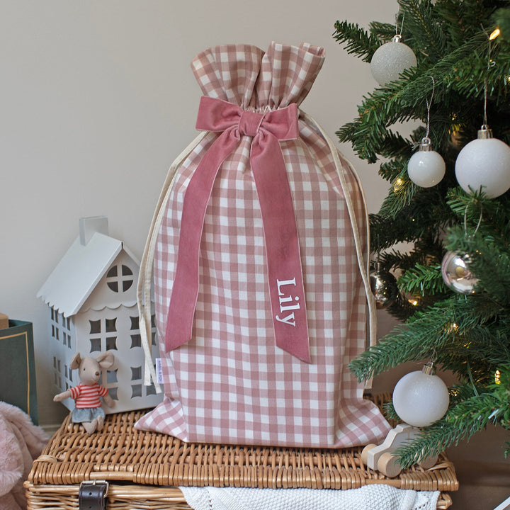 Mabel & Fox - Personalised Pink Gingham Mini Gift Sack - Velvet Bow