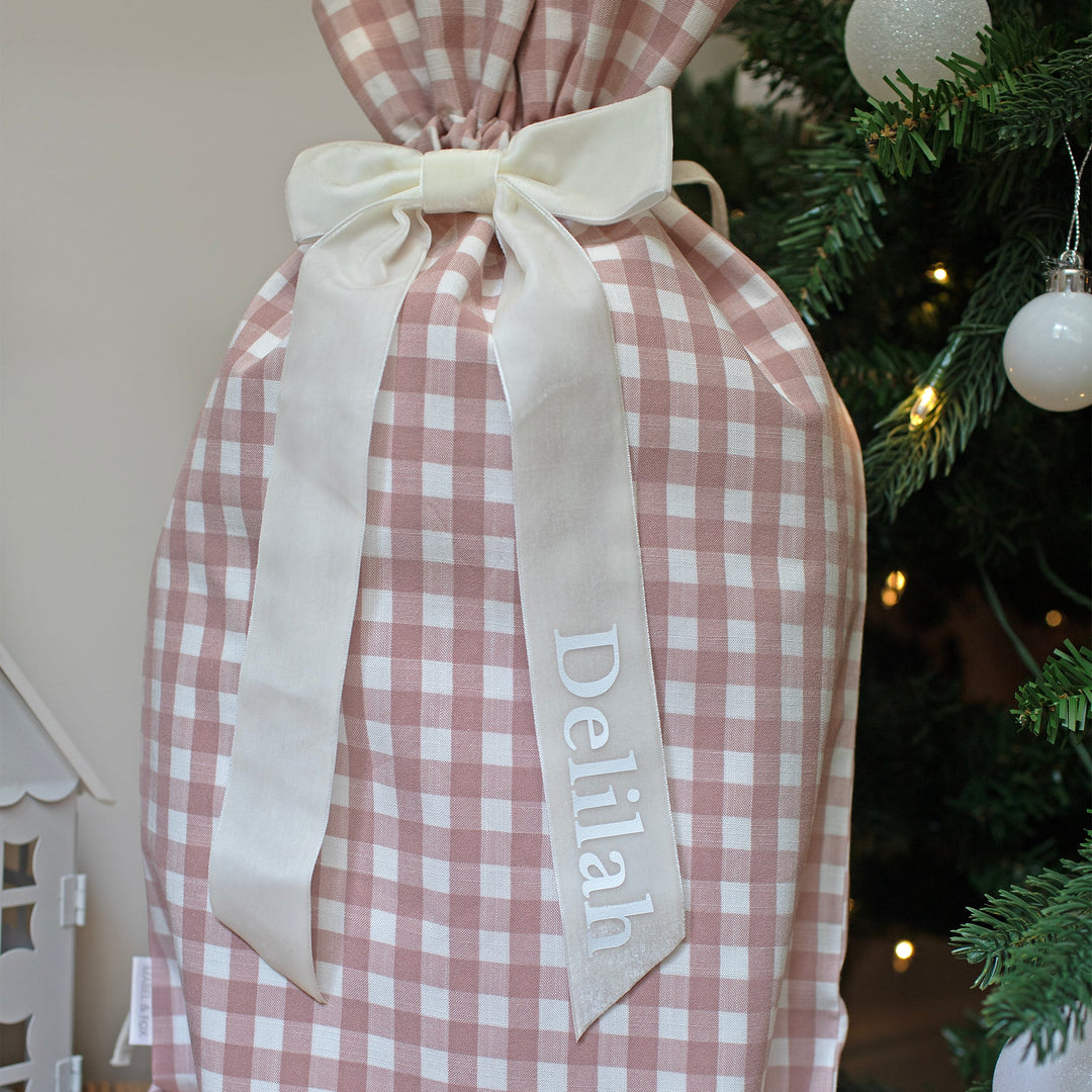 Mabel & Fox - Personalised Pink Gingham Mini Gift Sack - Velvet Bow