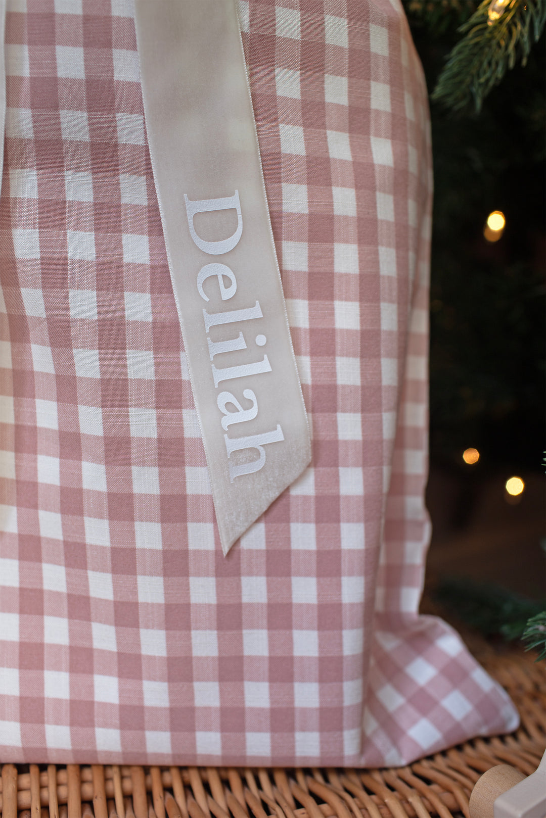 Mabel & Fox - Personalised Pink Gingham Mini Gift Sack - Velvet Bow