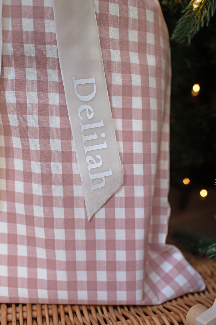 Mabel & Fox - Personalised Pink Gingham Mini Gift Sack - Velvet Bow