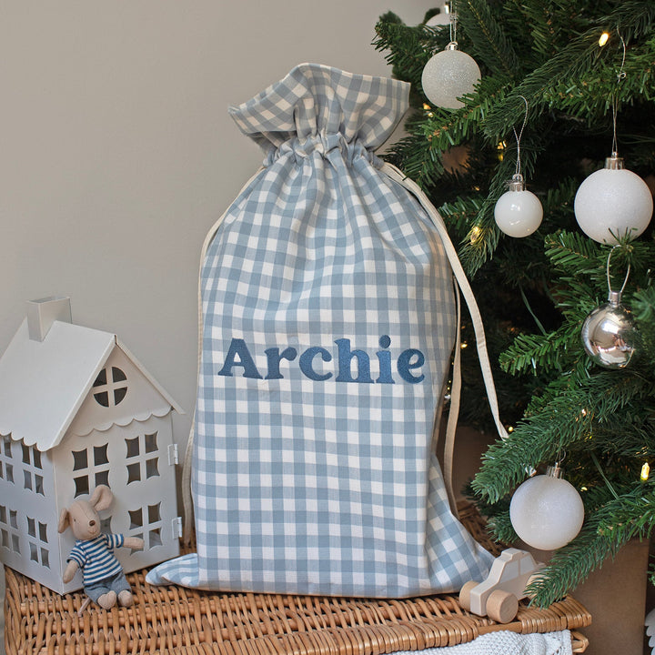 Mabel & Fox - Personalised Blue Gingham Mini Gift Sack - Embroidered