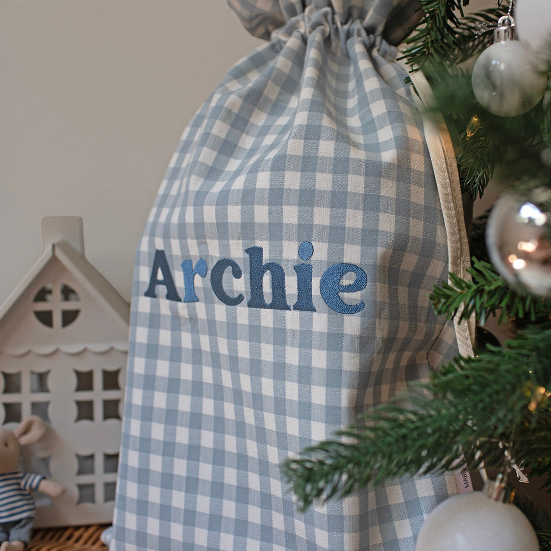 Mabel & Fox - Personalised Blue Gingham Mini Gift Sack - Embroidered