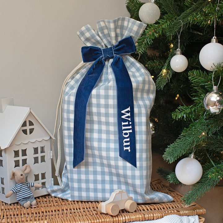 Mabel & Fox - Personalised Blue Gingham Mini Gift Sack - Velvet Bow