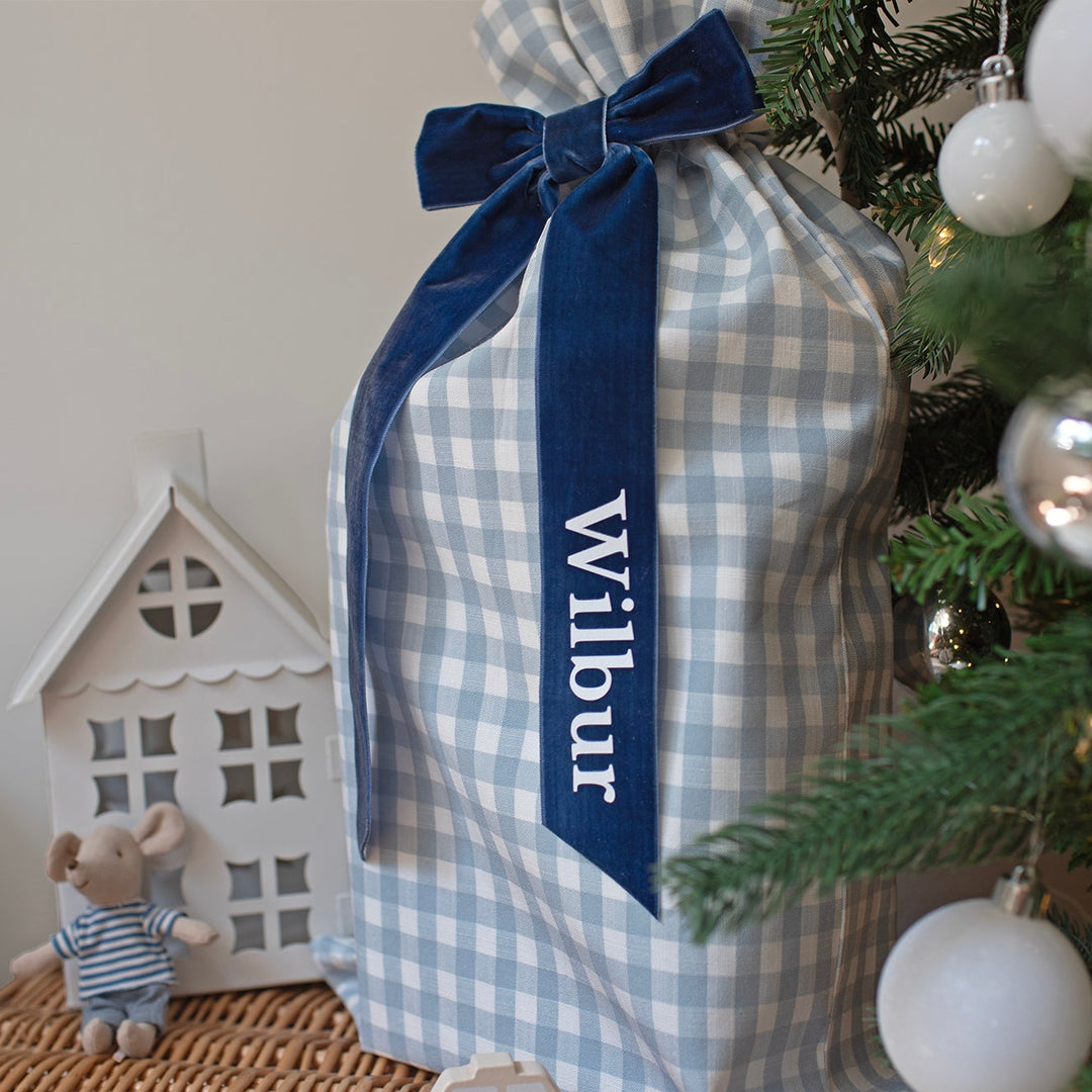 Mabel & Fox - Personalised Blue Gingham Mini Gift Sack - Velvet Bow