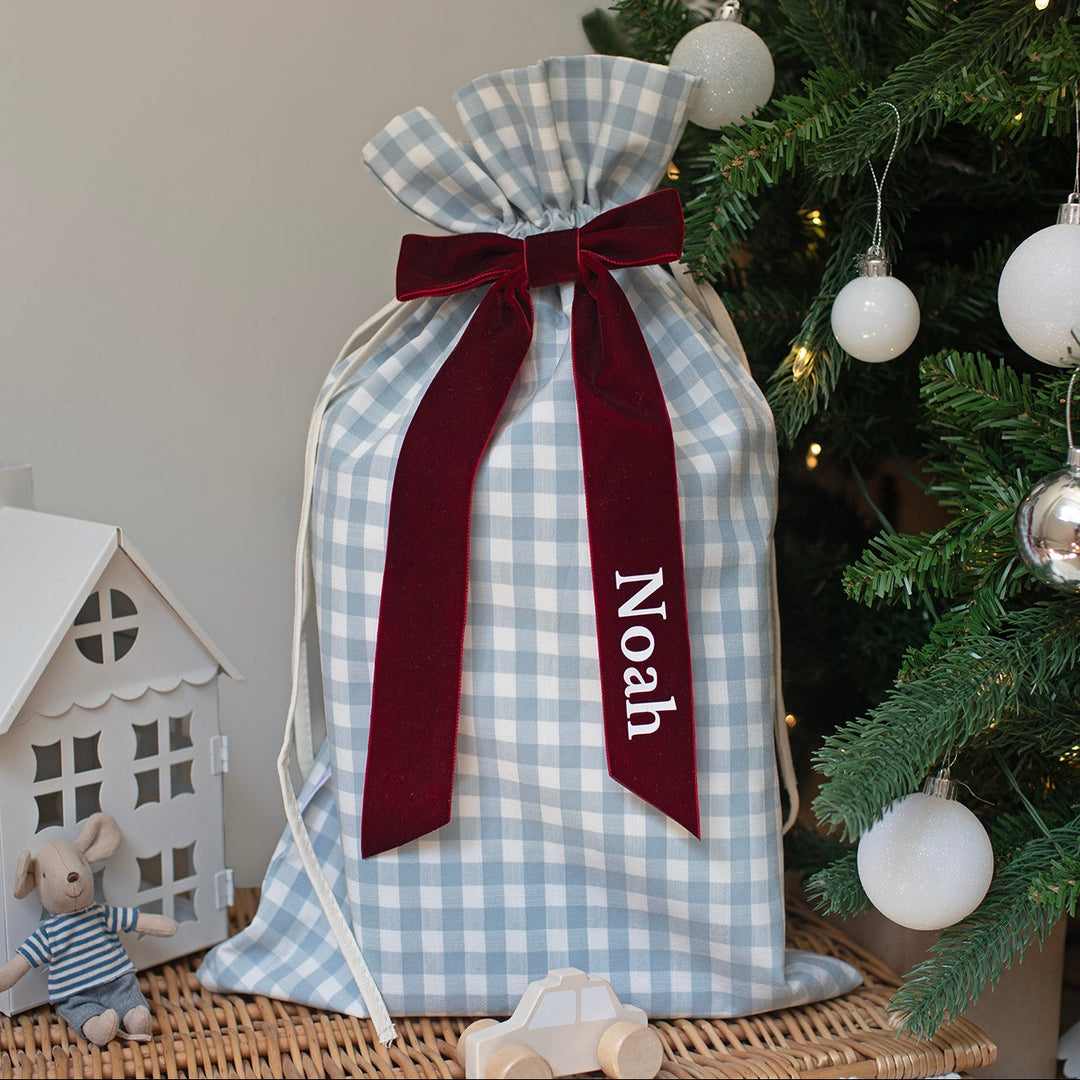 Mabel & Fox - Personalised Blue Gingham Mini Gift Sack - Velvet Bow