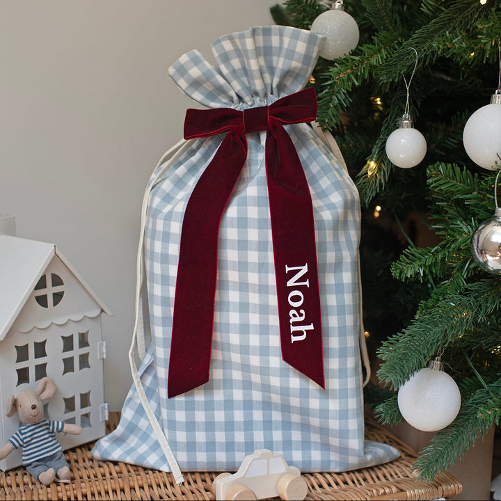 Mabel & Fox - Personalised Blue Gingham Mini Gift Sack - Velvet Bow
