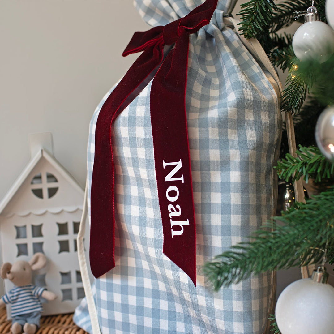 Mabel & Fox - Personalised Blue Gingham Mini Gift Sack - Velvet Bow