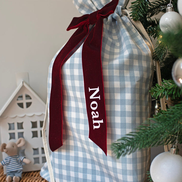 Mabel & Fox - Personalised Blue Gingham Mini Gift Sack - Velvet Bow