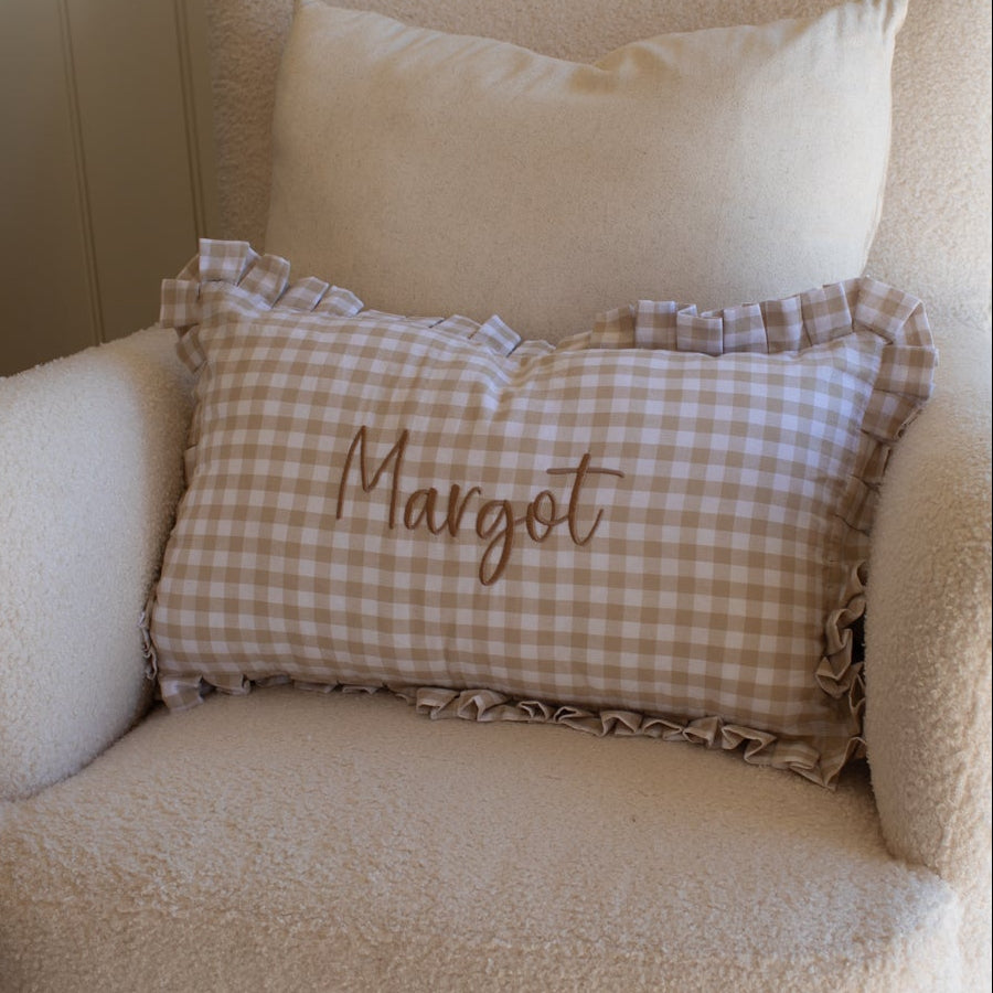 Mabel & Fox - Personalised Gingham Ruffle Cushion Cover - Beige