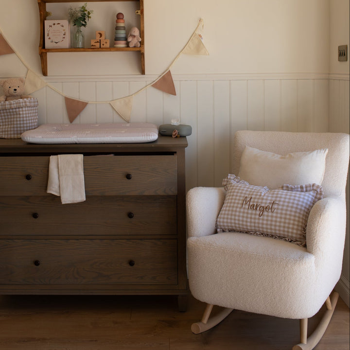 Mabel & Fox - Personalised Gingham Ruffle Cushion Cover - Beige