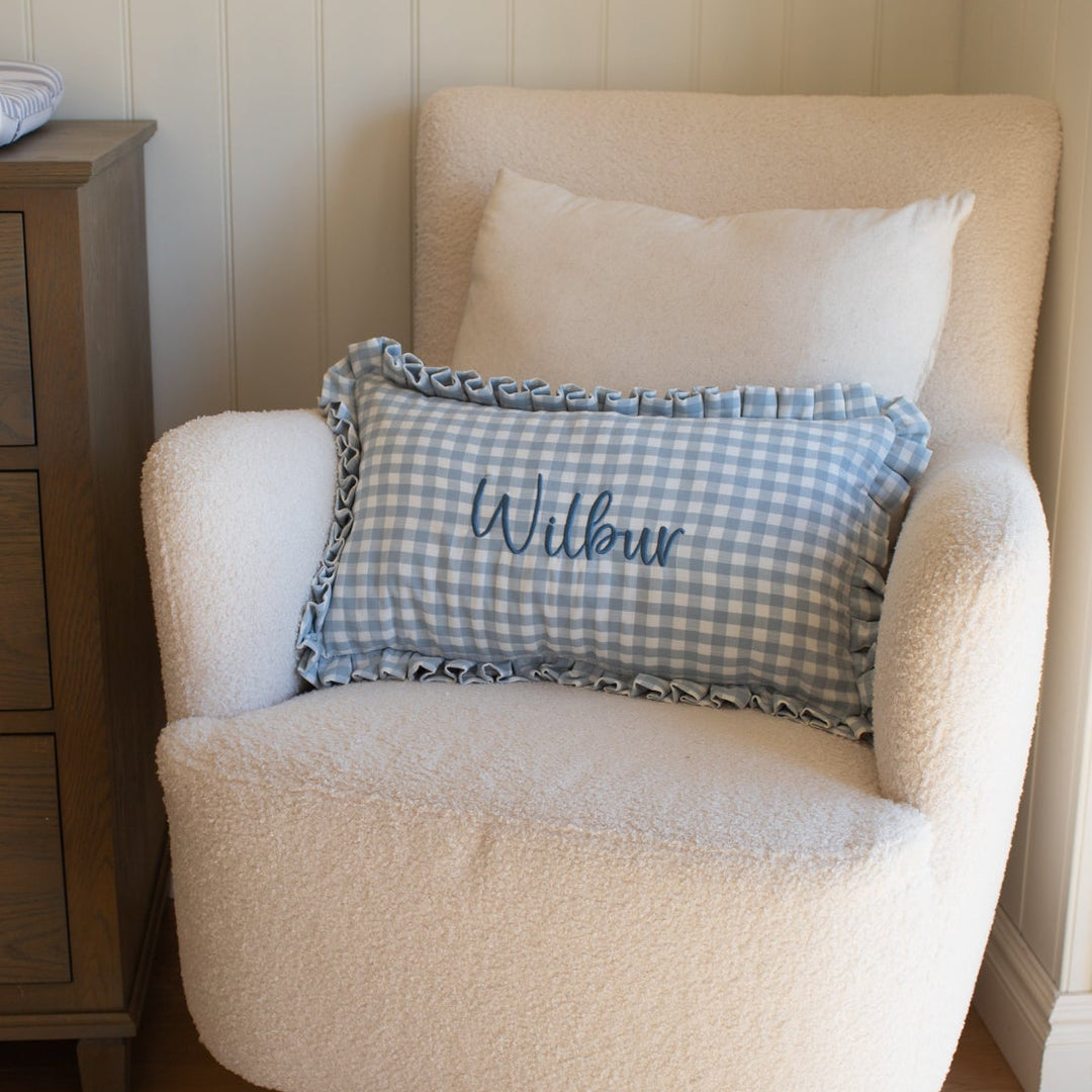 Mabel & Fox - Personalised Gingham Ruffle Cushion Cover - Blue