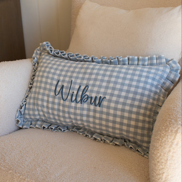 Mabel & Fox - Personalised Gingham Ruffle Cushion Cover - Blue