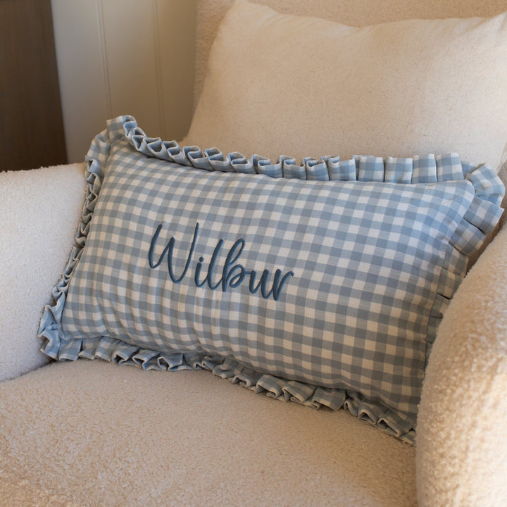 Mabel & Fox - Personalised Gingham Ruffle Cushion Cover - Blue