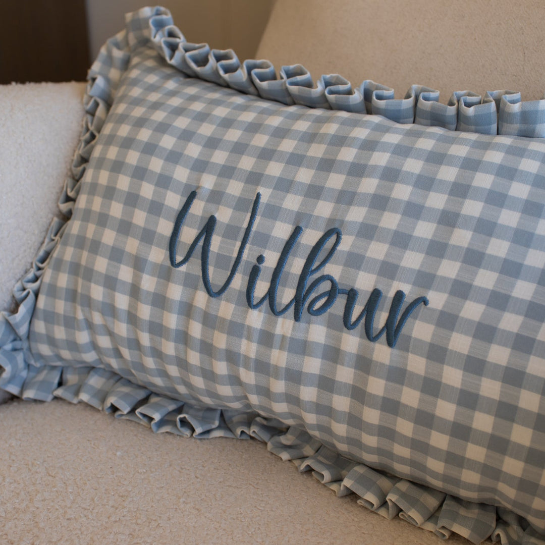 Mabel & Fox - Personalised Gingham Ruffle Cushion Cover - Blue