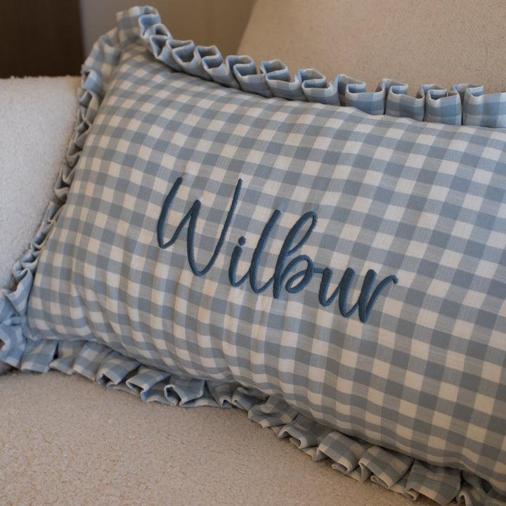 Mabel & Fox - Personalised Gingham Ruffle Cushion Cover - Blue