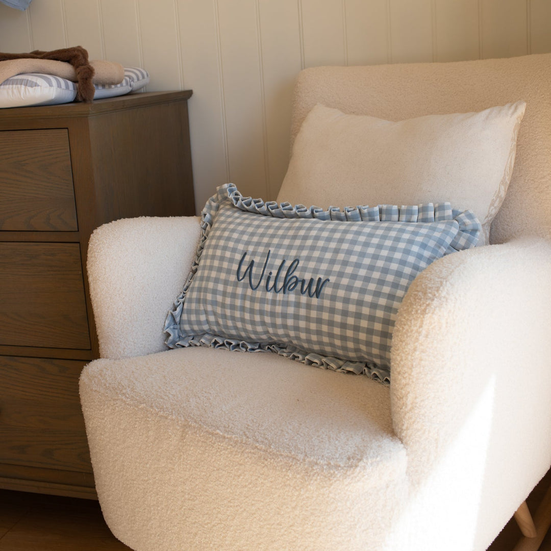 Mabel & Fox - Personalised Gingham Ruffle Cushion Cover - Blue