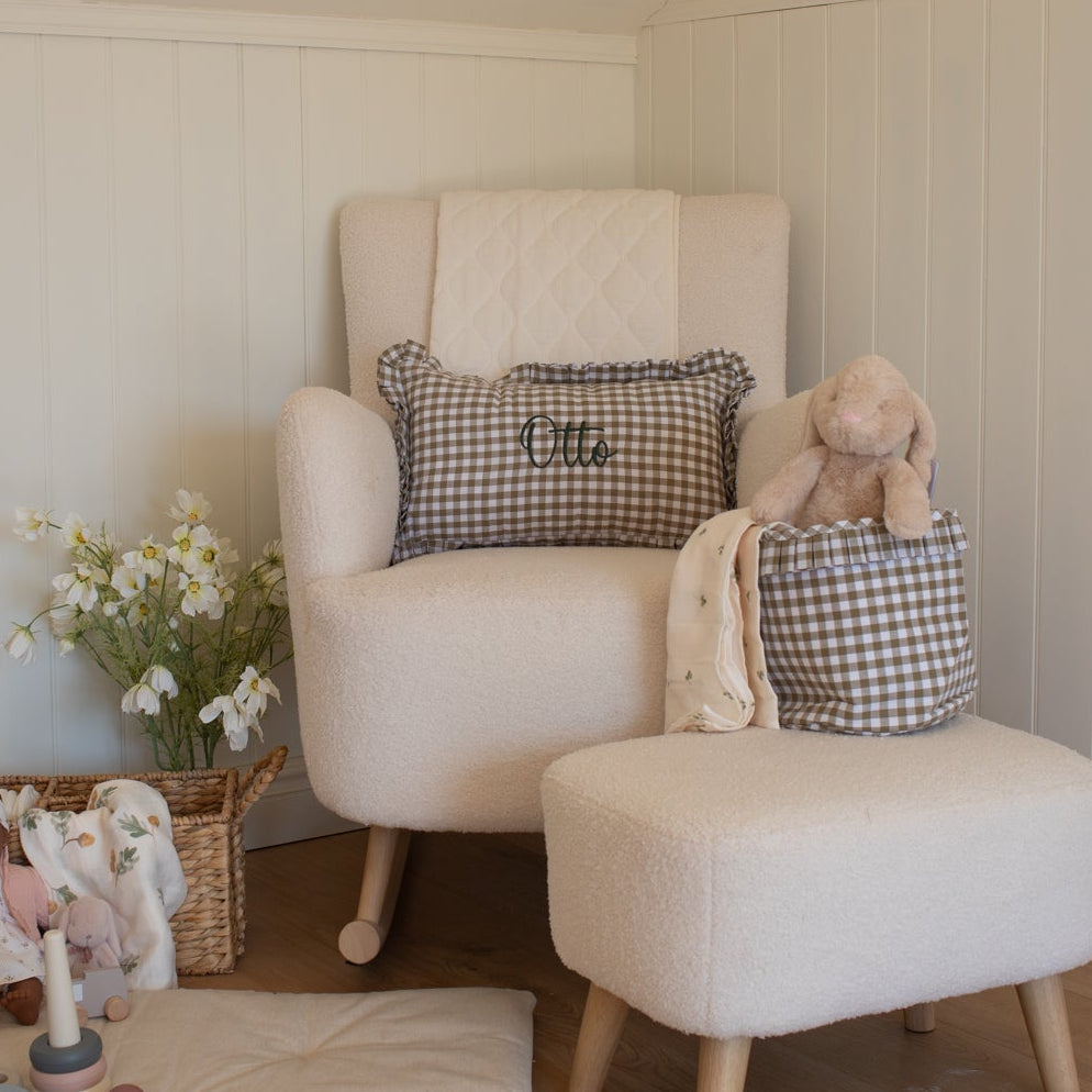 Mabel & Fox - Personalised Gingham Ruffle Cushion Cover - Olive Green