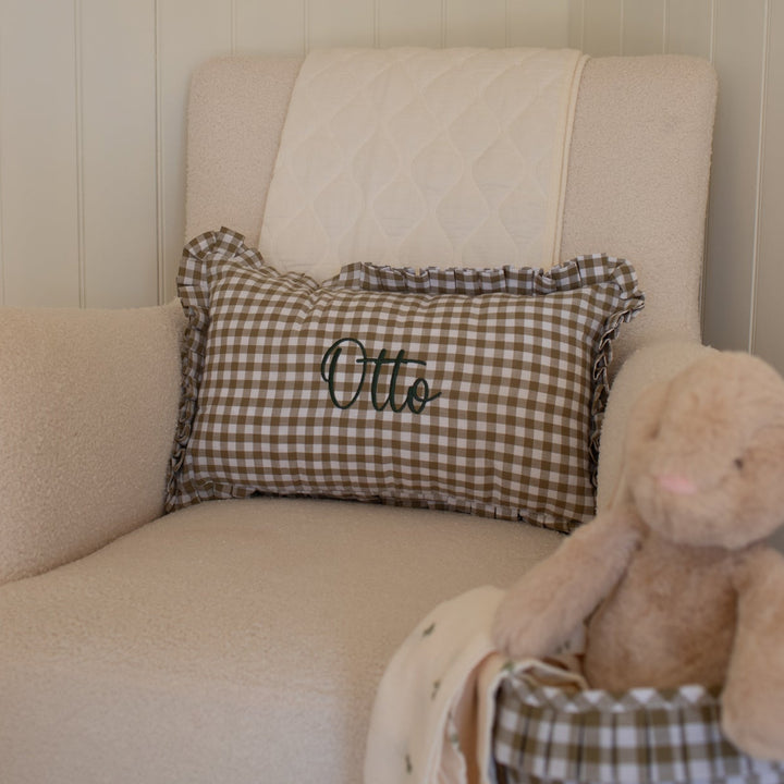 Mabel & Fox - Personalised Gingham Ruffle Cushion Cover - Olive Green