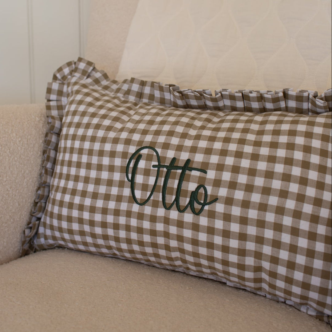 Mabel & Fox - Personalised Gingham Ruffle Cushion Cover - Olive Green