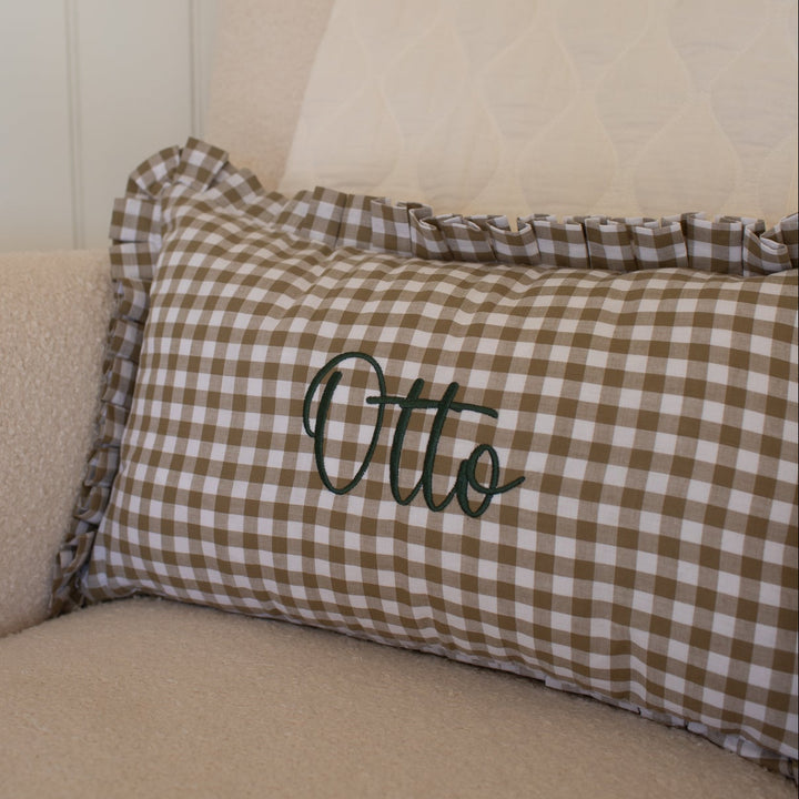 Mabel & Fox - Personalised Gingham Ruffle Cushion Cover - Olive Green
