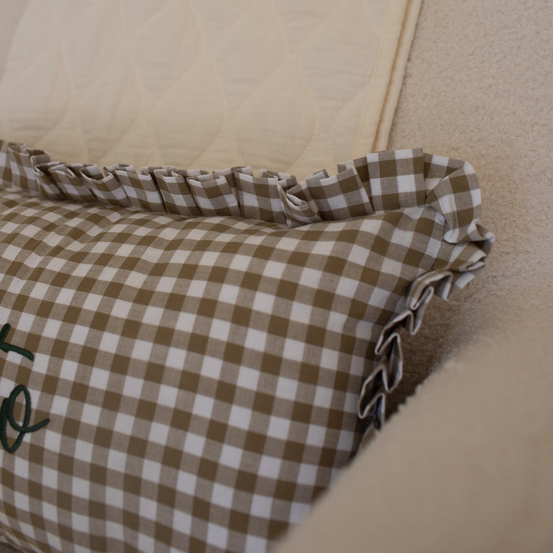 Mabel & Fox - Personalised Gingham Ruffle Cushion Cover - Olive Green