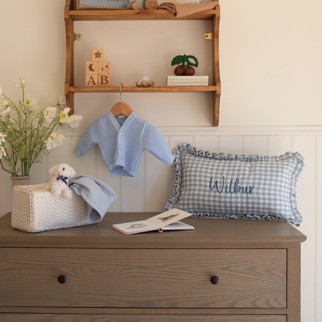 Mabel & Fox - Personalised Gingham Ruffle Cushion Cover - Blue