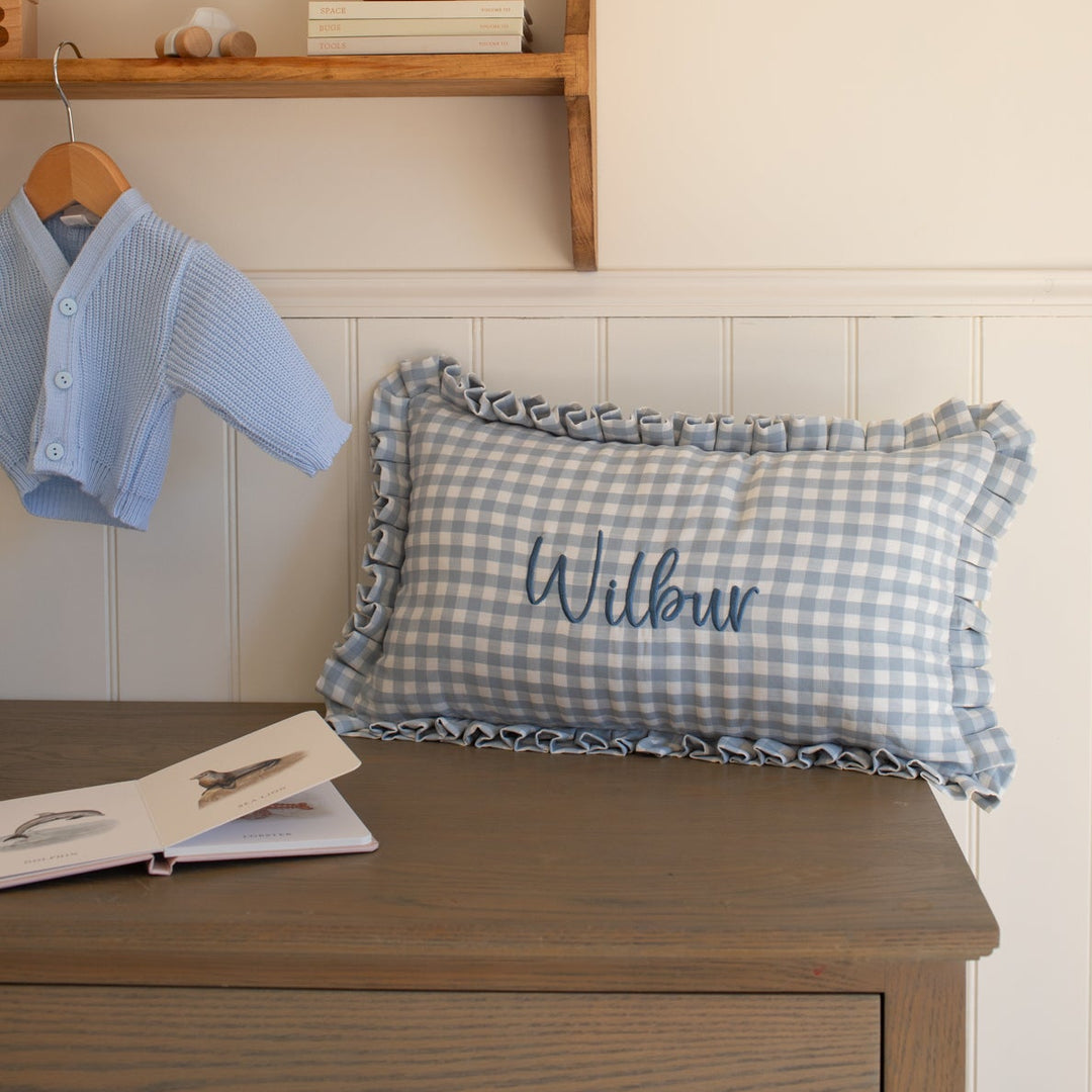 Mabel & Fox - Personalised Gingham Ruffle Cushion Cover - Blue