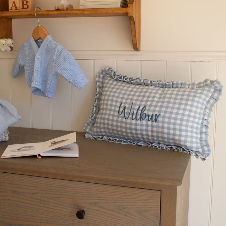 Mabel & Fox - Personalised Gingham Ruffle Cushion Cover - Blue