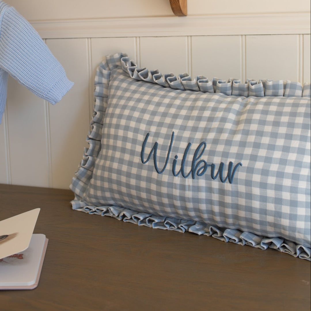 Mabel & Fox - Personalised Gingham Ruffle Cushion Cover - Blue