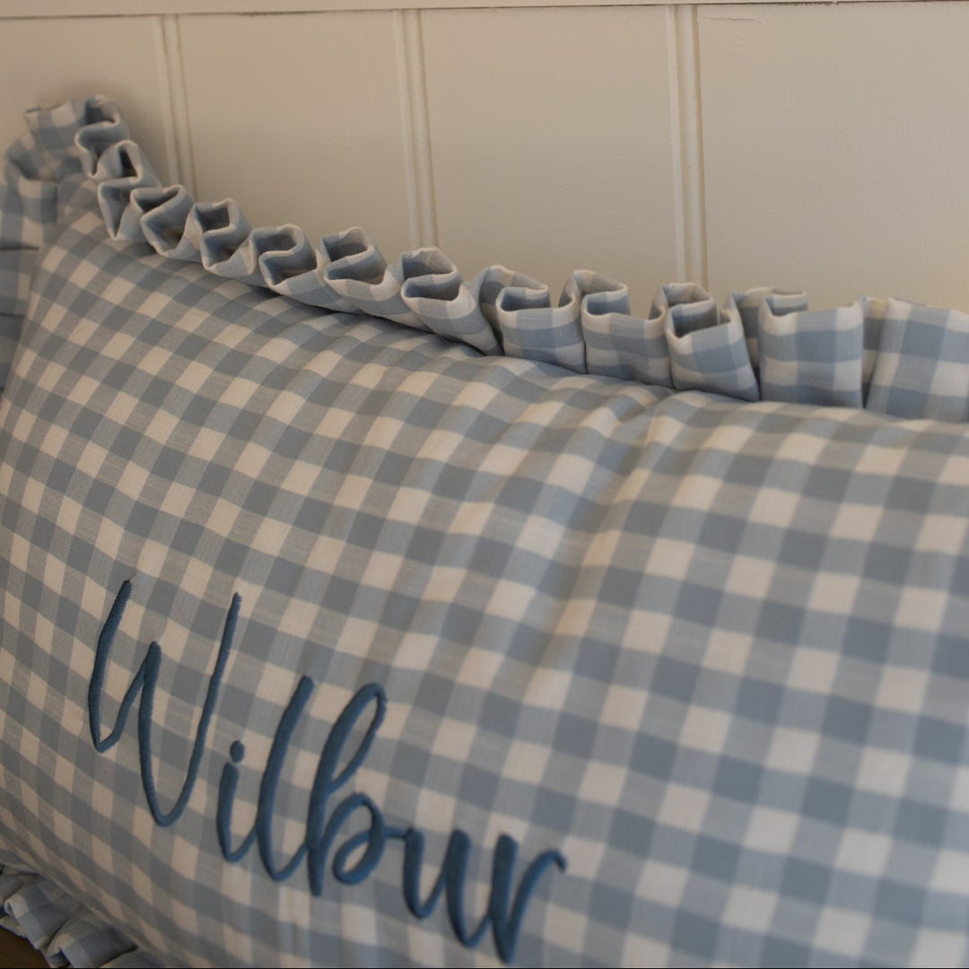 Mabel & Fox - Personalised Gingham Ruffle Cushion Cover - Blue