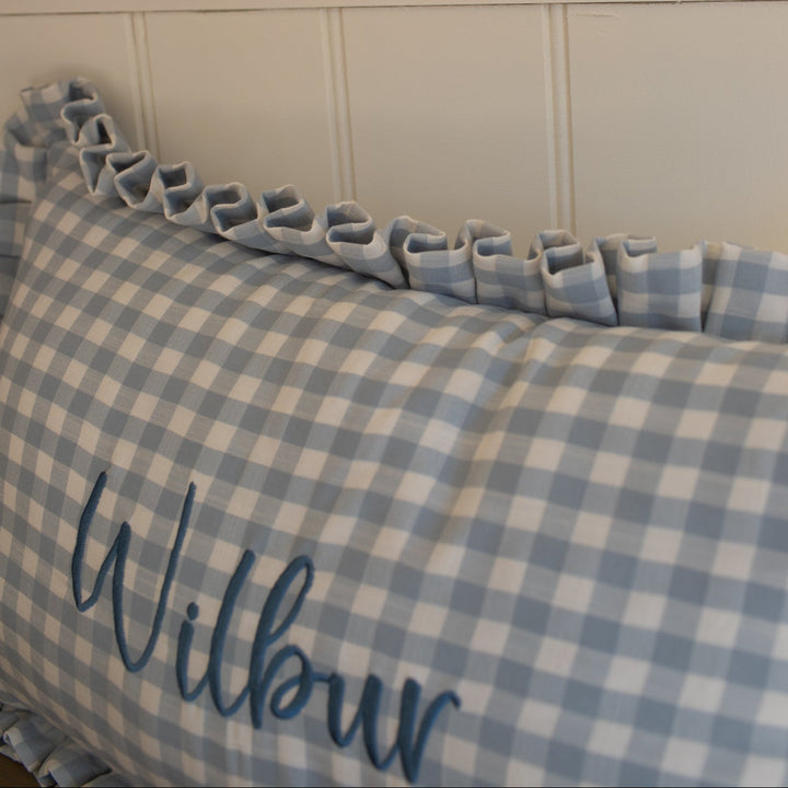 Mabel & Fox - Personalised Gingham Ruffle Cushion Cover - Blue