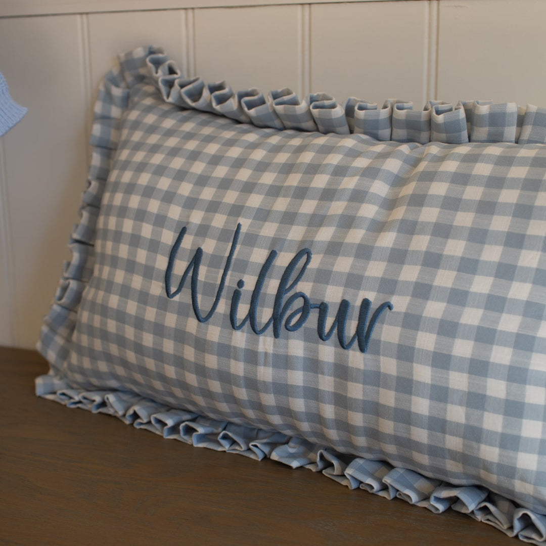 Mabel & Fox - Personalised Gingham Ruffle Cushion Cover - Blue