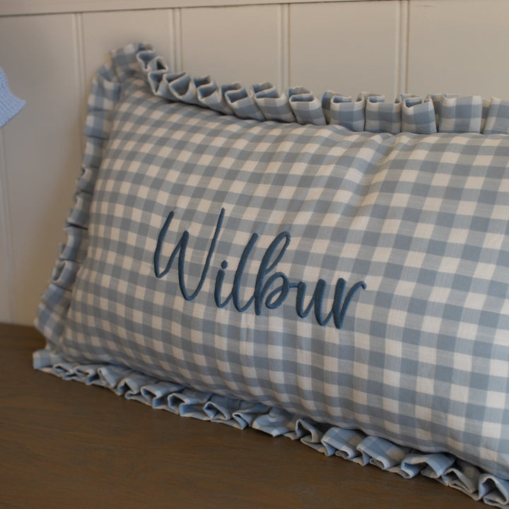 Mabel & Fox - Personalised Gingham Ruffle Cushion Cover - Blue