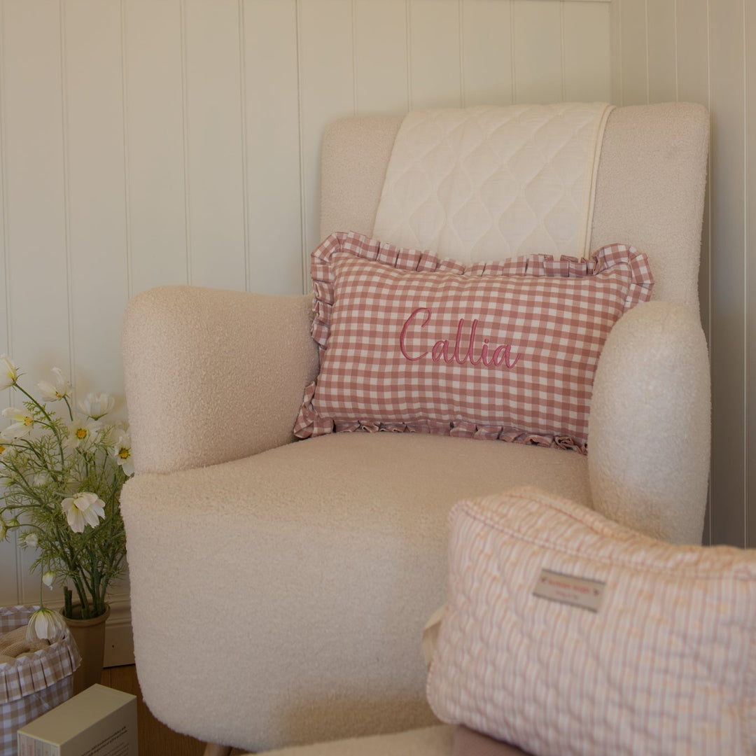 Mabel & Fox - Personalised Gingham Ruffle Cushion Cover - Pink