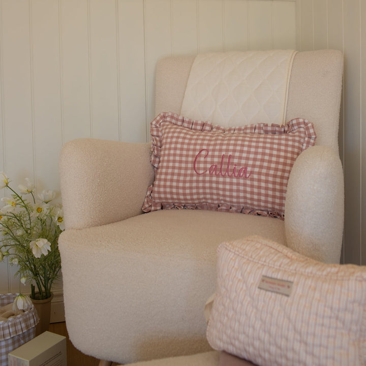 Mabel & Fox - Personalised Gingham Ruffle Cushion Cover - Pink