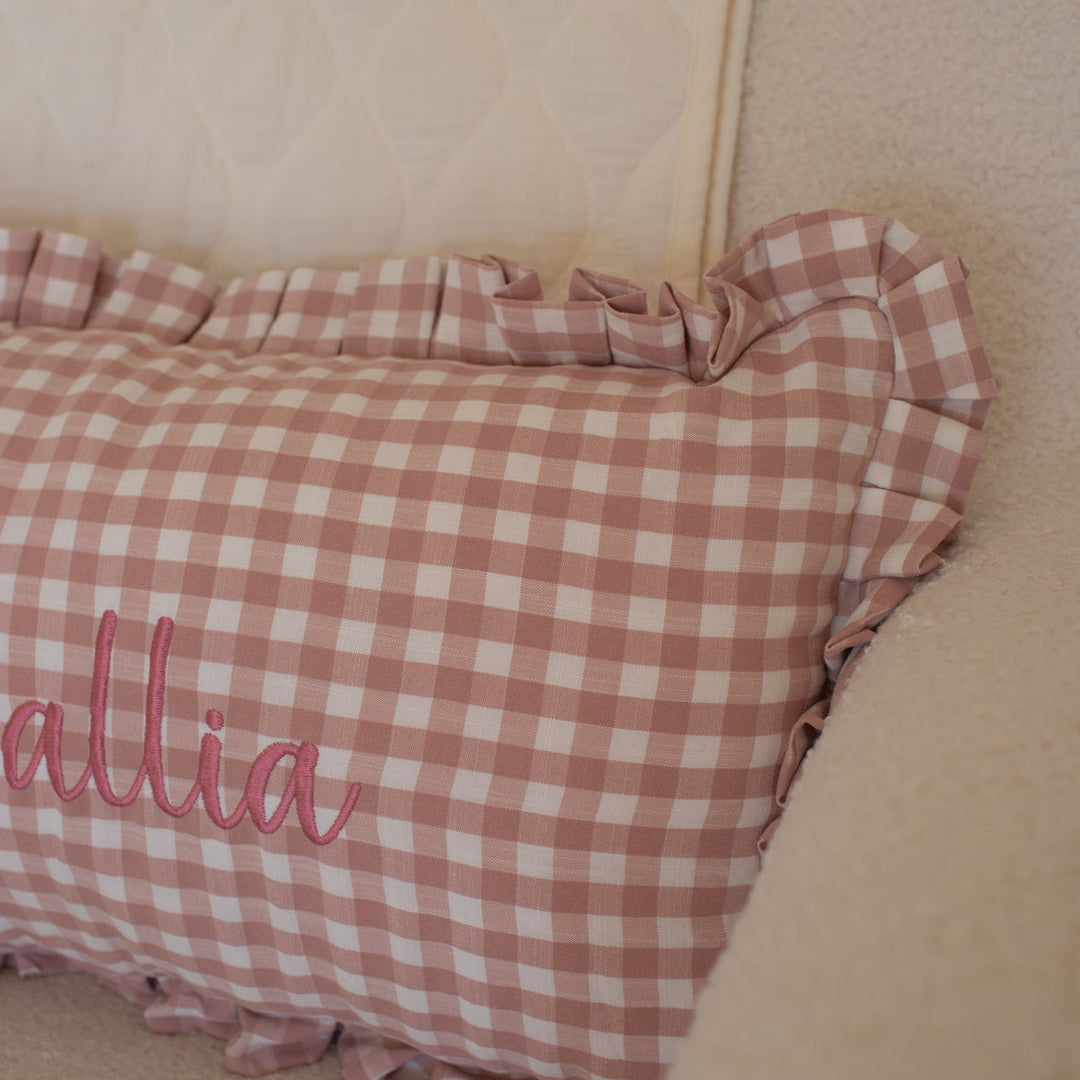 Mabel & Fox - Personalised Gingham Ruffle Cushion Cover - Pink