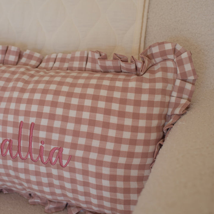 Mabel & Fox - Personalised Gingham Ruffle Cushion Cover - Pink