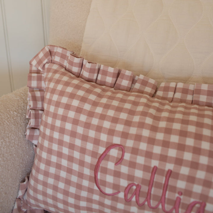 Mabel & Fox - Personalised Gingham Ruffle Cushion Cover - Pink